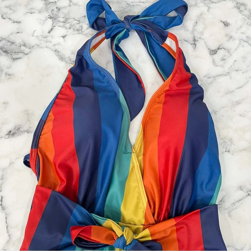 ModCloth x Collectif The Brooke One-Piece Halter Swimsuit Rainbow Stripes XS